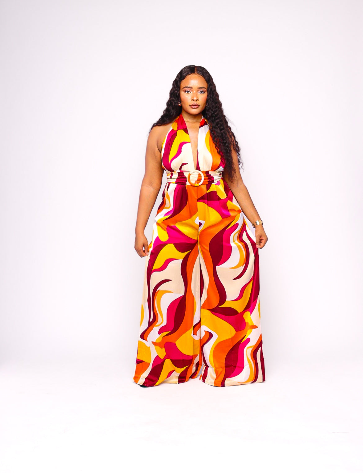 Sunset Multicolor Flowy Halter Belted Jumpsuit