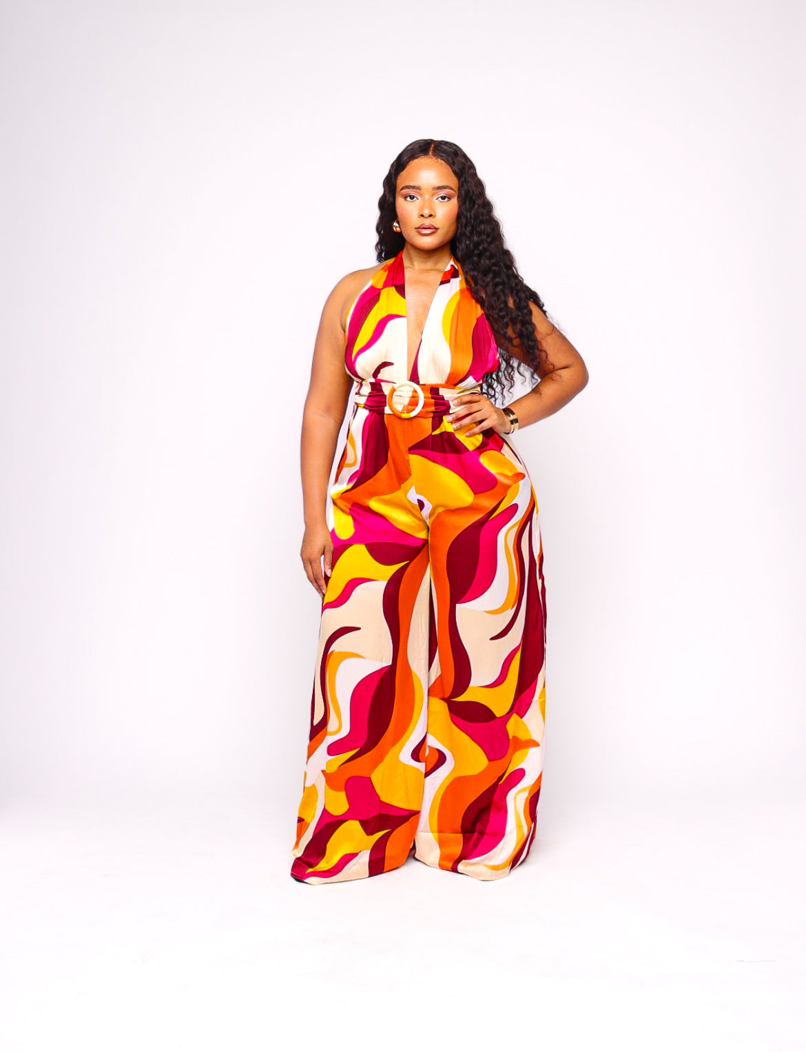 Sunset Multicolor Flowy Halter Belted Jumpsuit