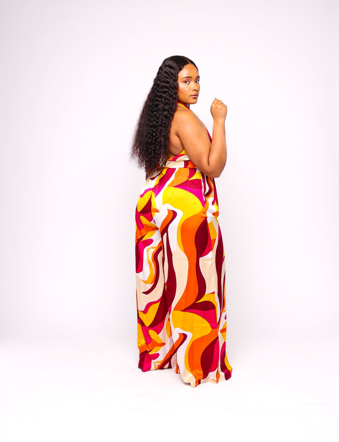 Sunset Multicolor Flowy Halter Belted Jumpsuit