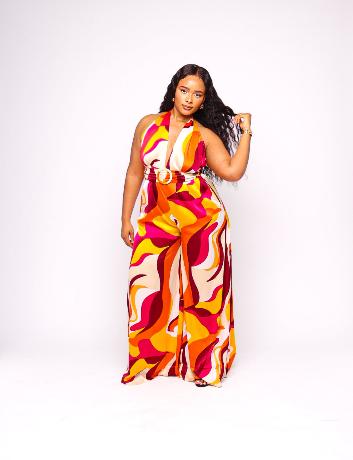 Sunset Multicolor Flowy Halter Belted Jumpsuit