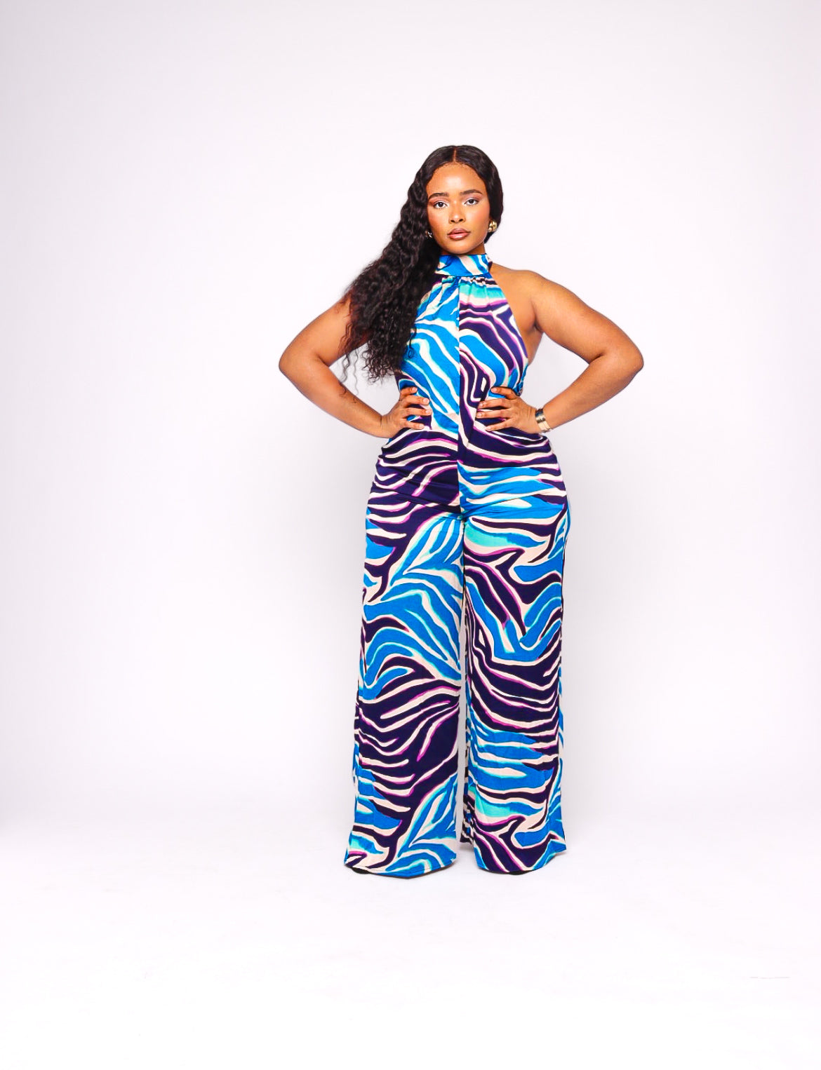 Lexi Zebra Print Multicolor Backless Halter Jumpsuit