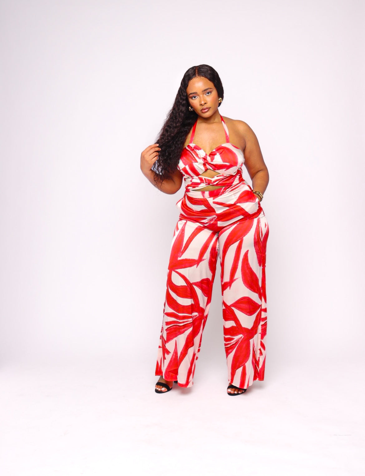Hailey Knotted Tie Front Cutout Wide Leg Halter Jumpsuit
