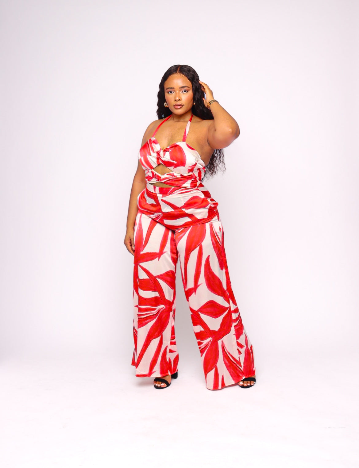 Hailey Knotted Tie Front Cutout Wide Leg Halter Jumpsuit