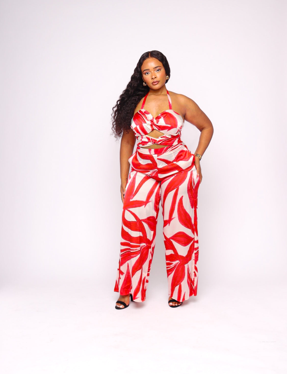 Hailey Knotted Tie Front Cutout Wide Leg Halter Jumpsuit