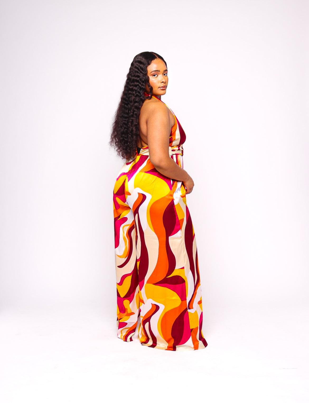 Sunset Multicolor Flowy Halter Belted Jumpsuit