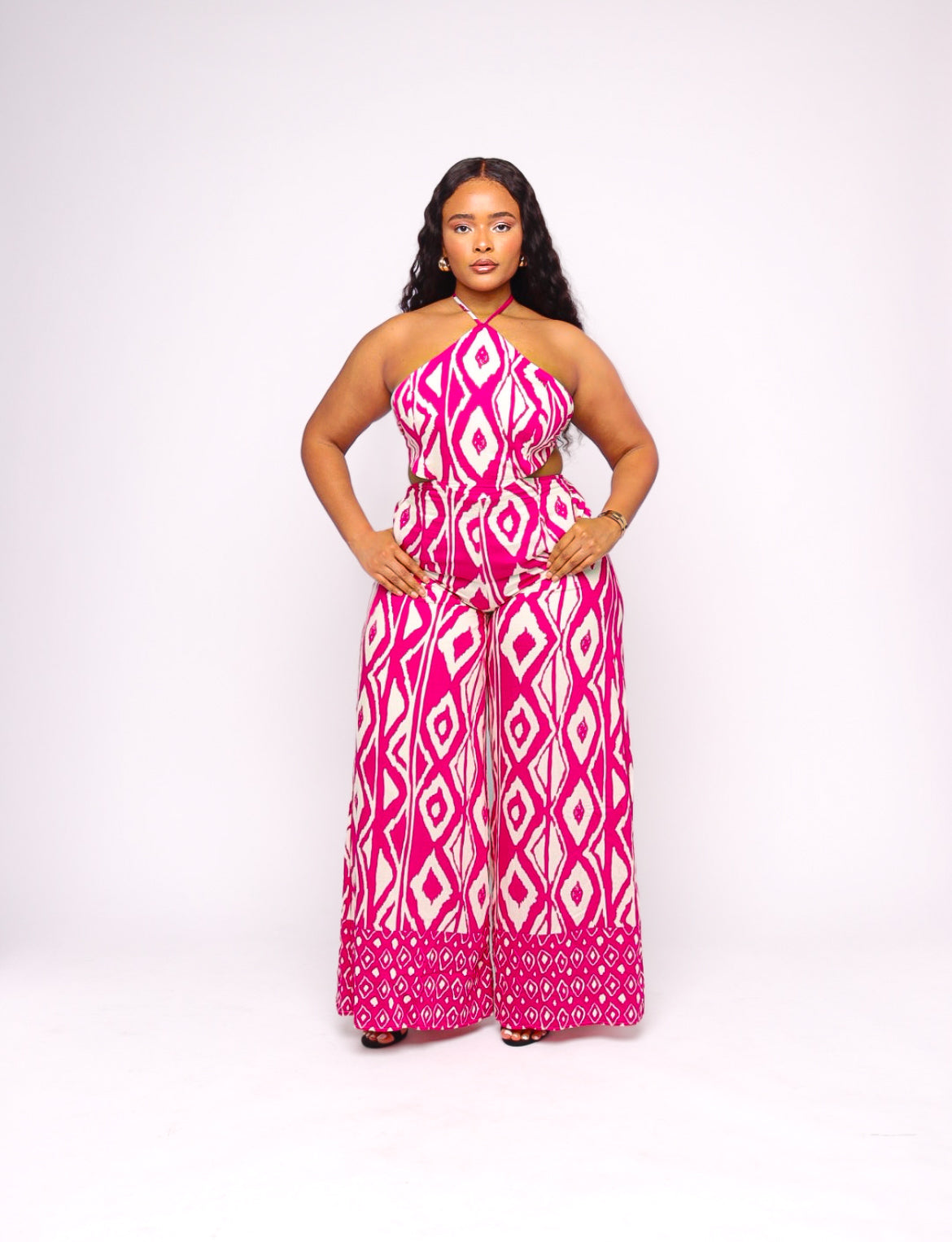 Camille Magenta & White Print Halter Jumpsuit