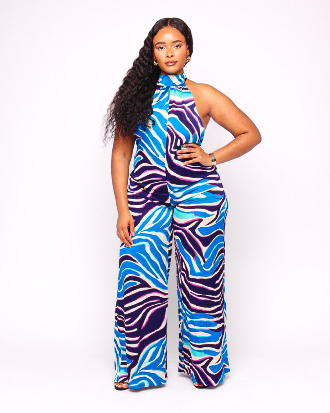 Lexi Zebra Print Multicolor Backless Halter Jumpsuit
