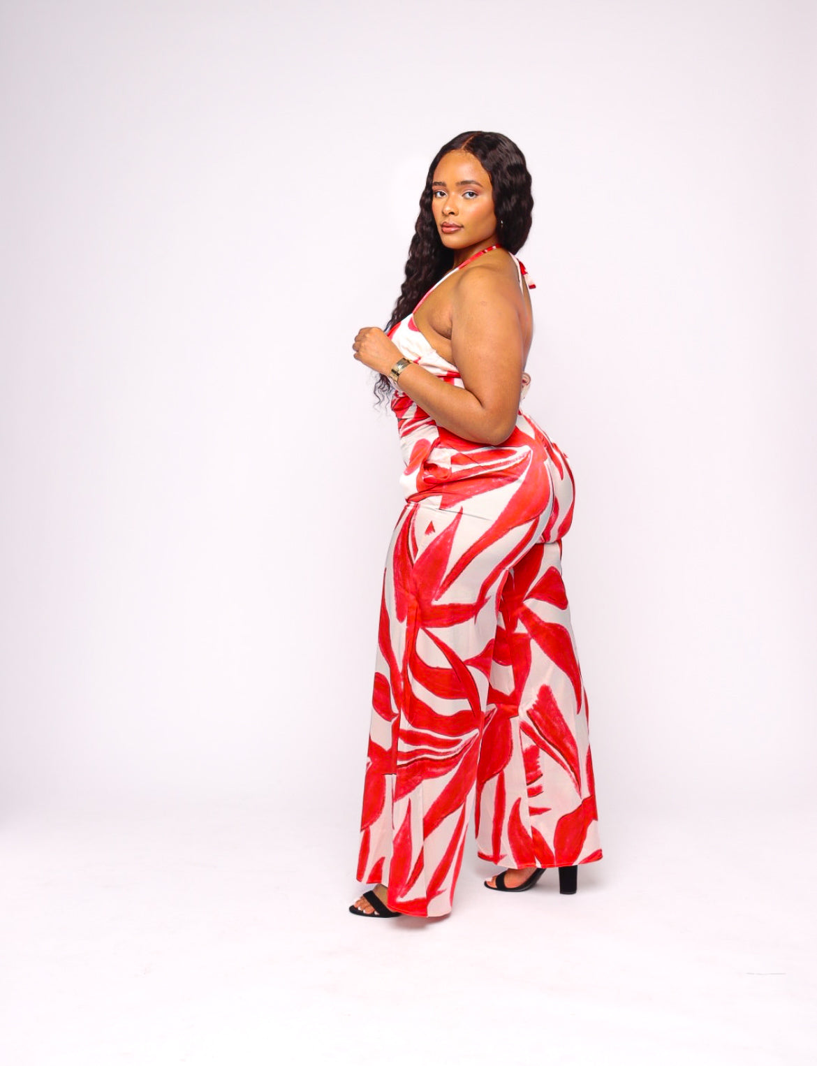 Hailey Knotted Tie Front Cutout Wide Leg Halter Jumpsuit