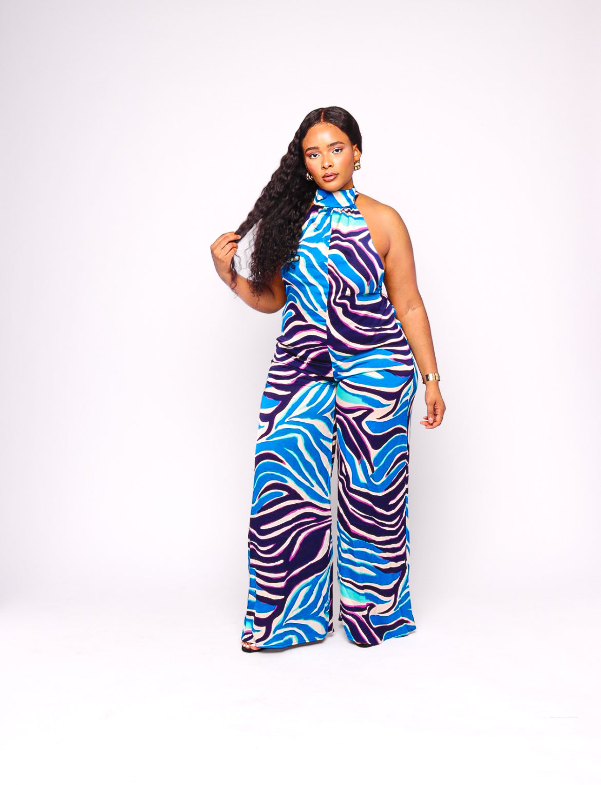 Lexi Zebra Print Multicolor Backless Halter Jumpsuit