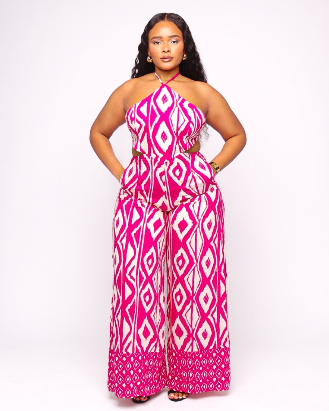 Camille Magenta & White Print Halter Jumpsuit