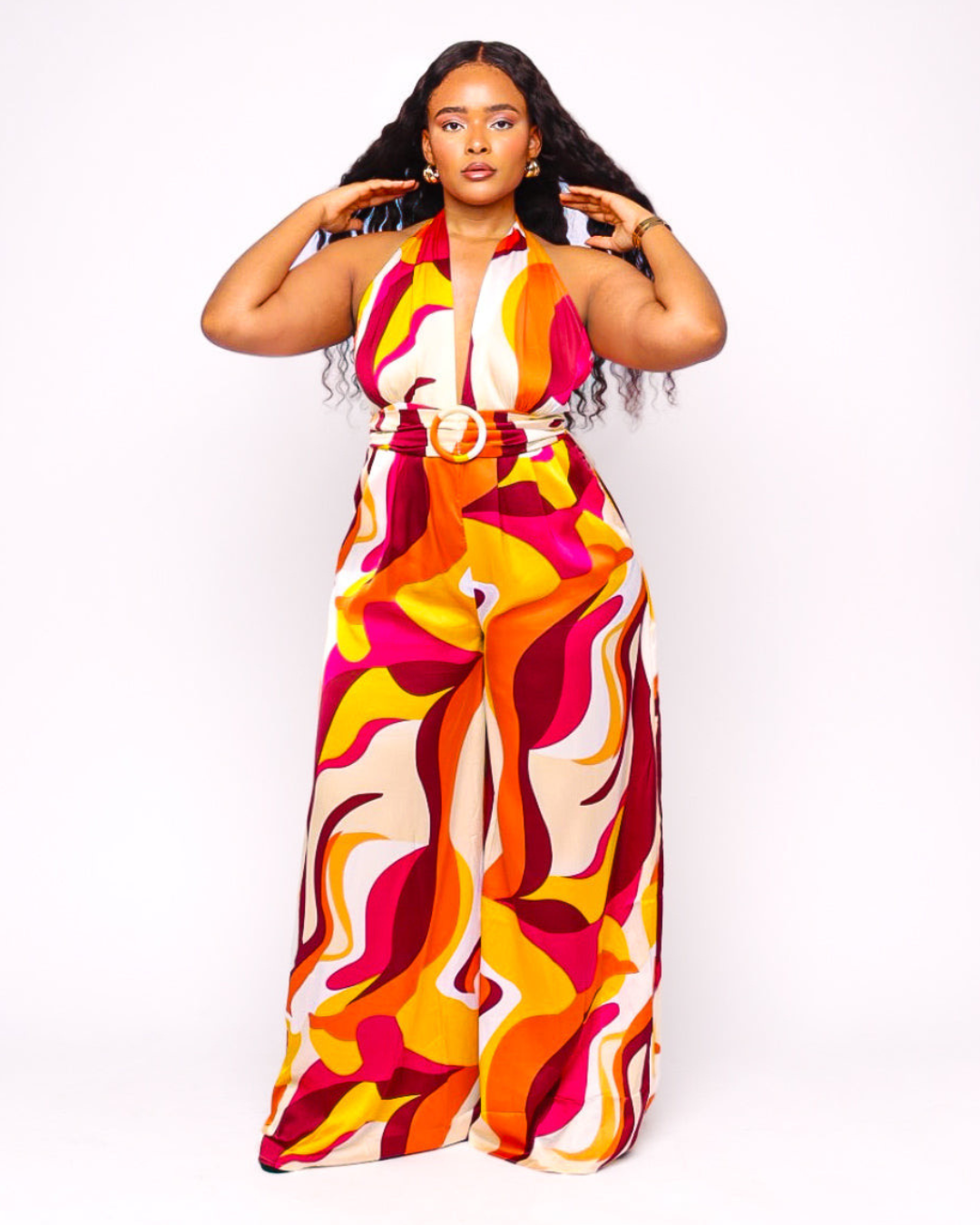 Sunset Multicolor Flowy Halter Belted Jumpsuit