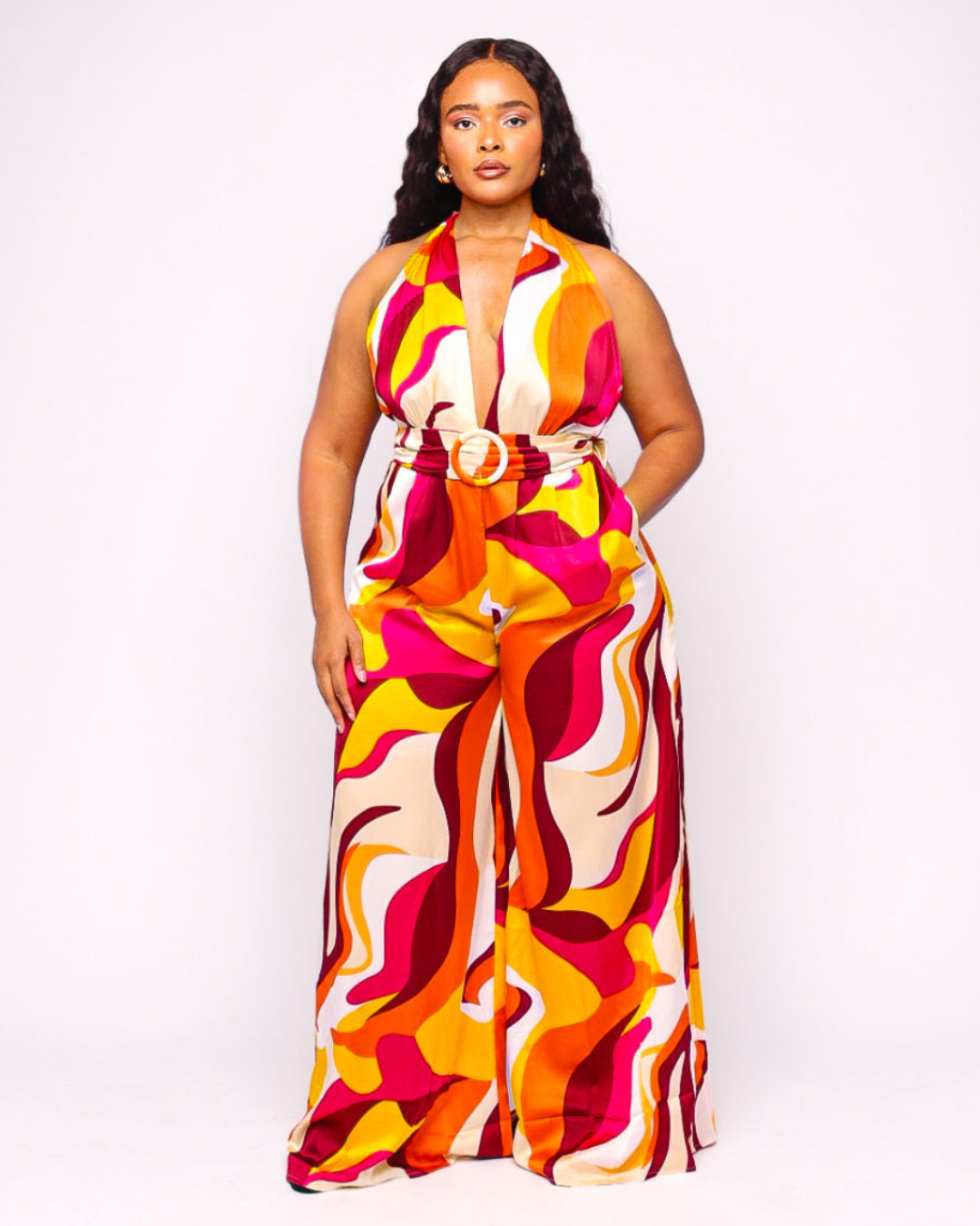 Sunset Multicolor Flowy Halter Belted Jumpsuit