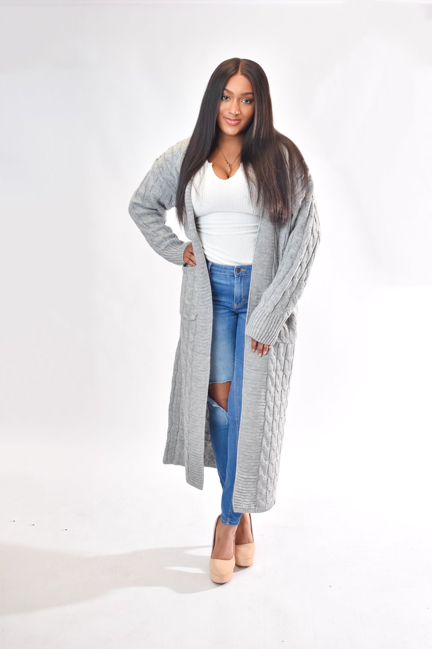 GREY LONG KNIT CARDIGAN