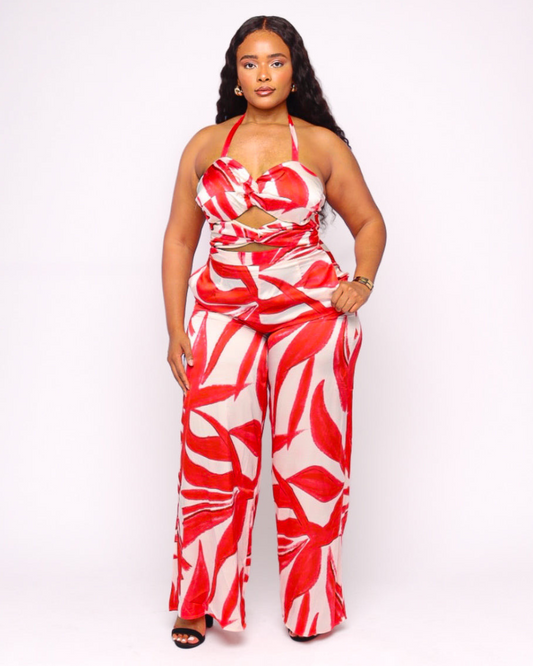 Hailey Knotted Tie Front Cutout Wide Leg Halter Jumpsuit
