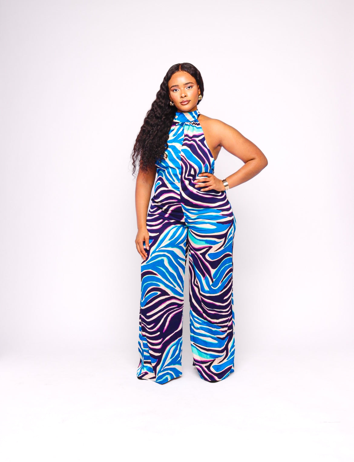 Lexi Zebra Print Multicolor Backless Halter Jumpsuit