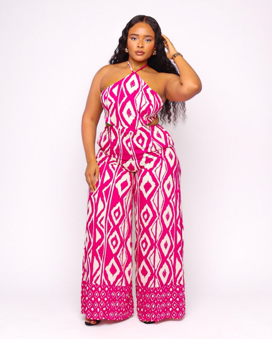 Camille Magenta & White Print Halter Jumpsuit