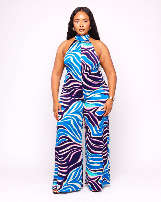 Lexi Zebra Print Multicolor Backless Halter Jumpsuit
