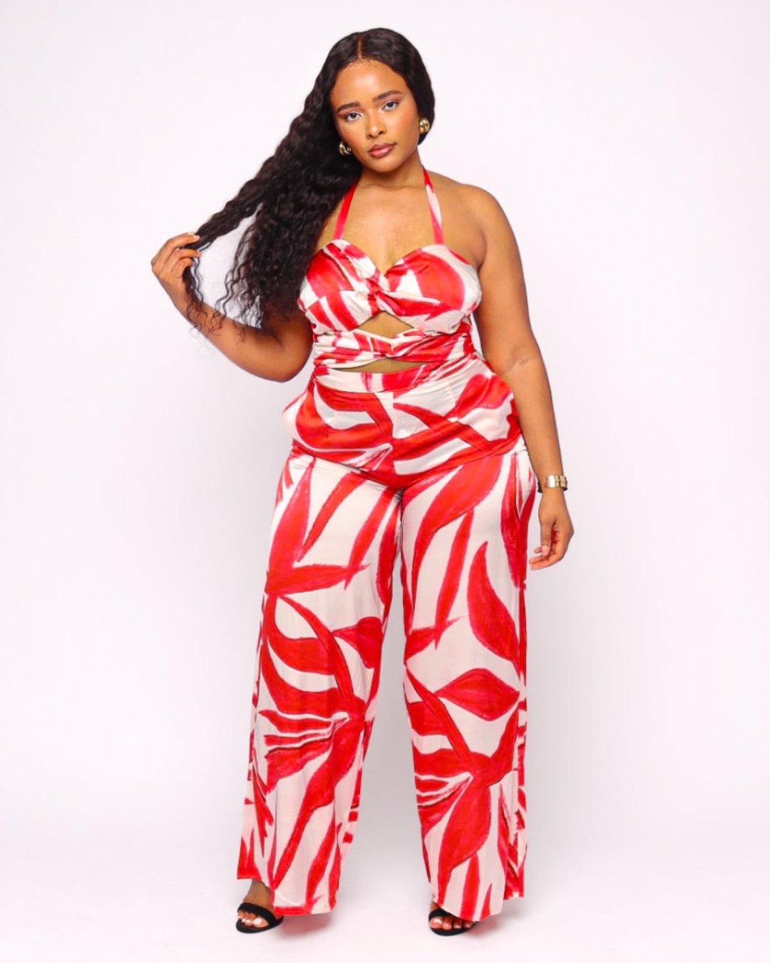 Hailey Knotted Tie Front Cutout Wide Leg Halter Jumpsuit