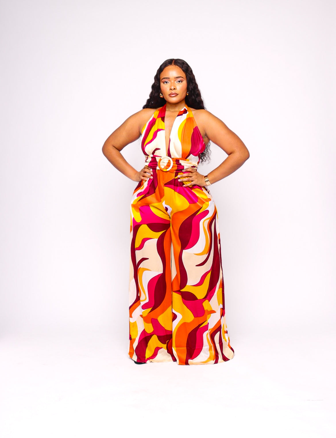 Sunset Multicolor Flowy Halter Belted Jumpsuit