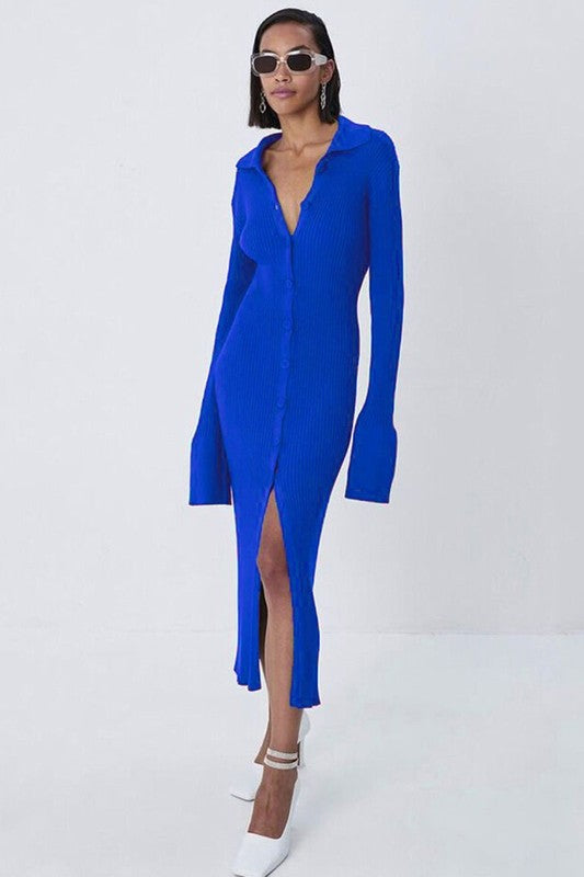 TASHA BLUE BUTTON DOWN SWEATER DRESS