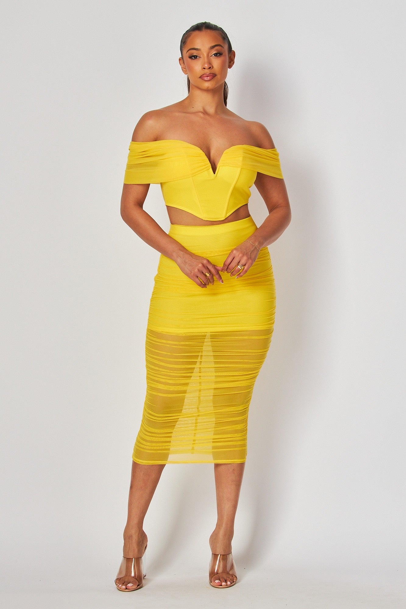 Chic Yellow Skirt Set – Off The Shoulder Top & Fitted Maxi Skirt